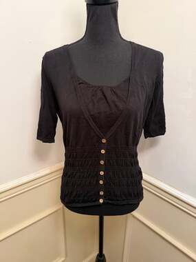 August Silk Knits Black Silk Cotton Blend Faux Twinset Layered Top Smocked Y2K